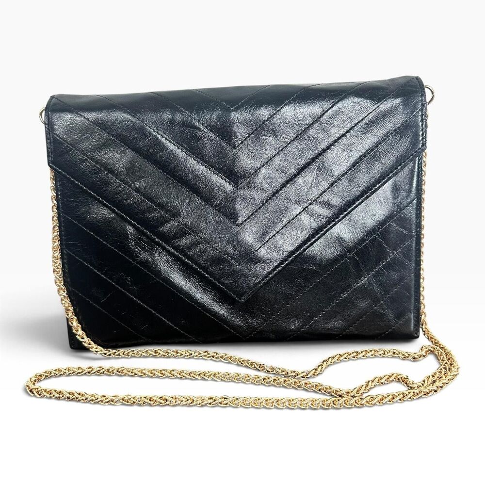 Yves Saint Laurent Vintage Clutch Bag Small Envelope Black Chevron Leather
